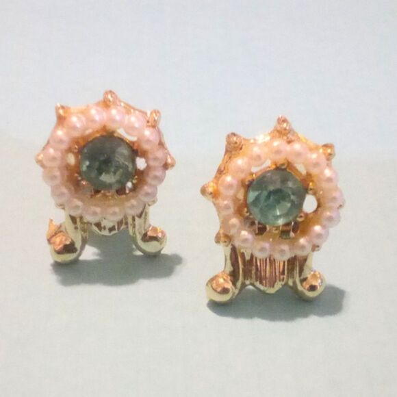 Vintage Mid Century Gold Tone Blue Rhinestone and Faux Pearl Clip Earrings - Picture 1 of 3